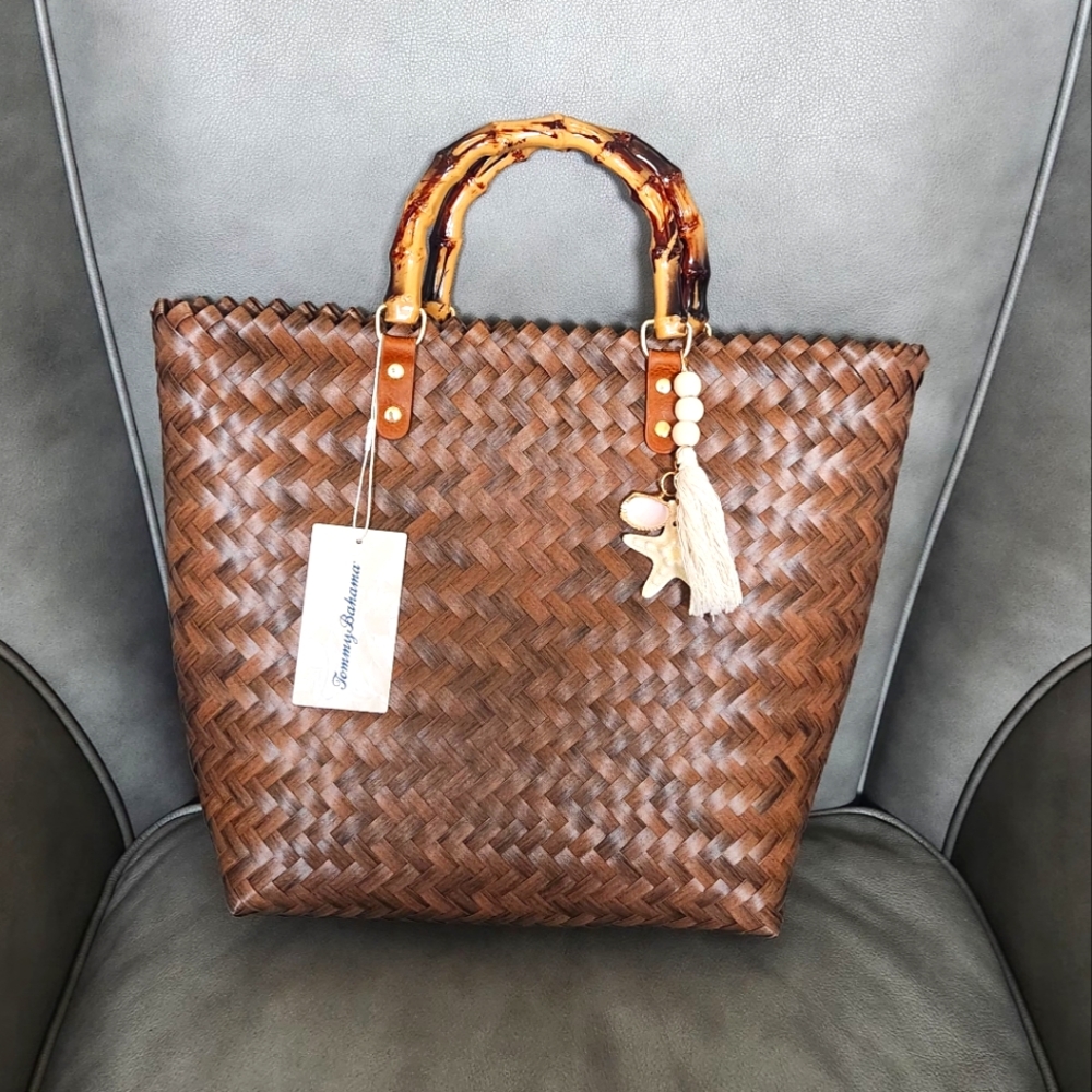 Tommy Bahama Brown Woven Tote with Bamboo-Style Handles and Tassel Charm